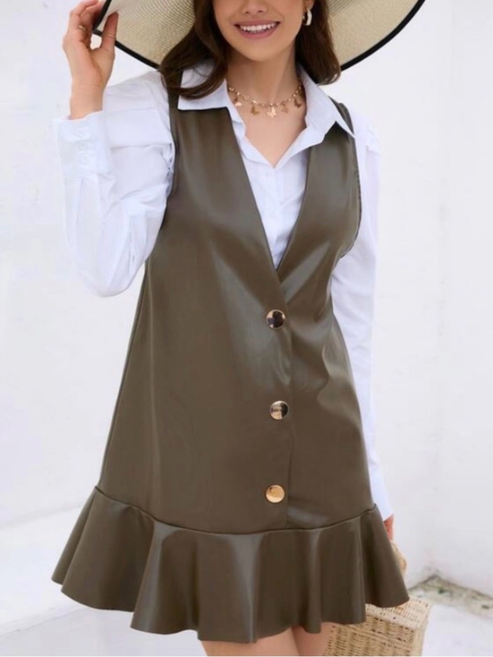 Zara Olive Green Faux Leather V-Neck Dress with Ruffle Hem